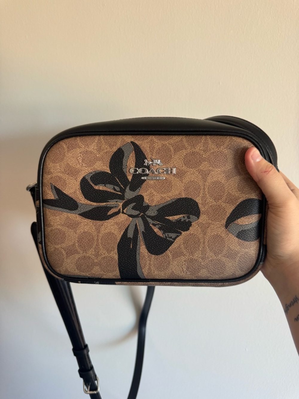 Coach Brown Signature Floral Camera Bag with Black Trim